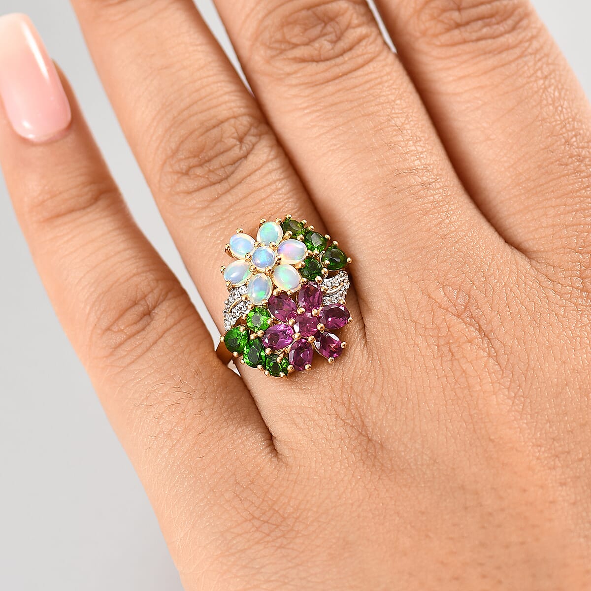 D'Joy Orissa Rhodolite Garnet and Multi Gemstone 3.50 ctw Plumeria Flower Ring in 18K Vermeil Yellow Gold Over Sterling Silver (Size 9.0) image number 2