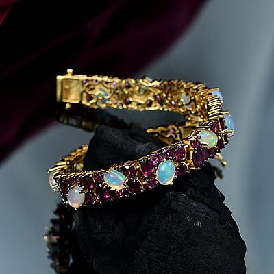 D'Joy Orissa Rhodolite Garnet and Ethiopian Welo Opal 23.60 ctw Mystic Romance Bracelet in 18K Vermeil Yellow Gold Over Sterling Silver (8.00 In)