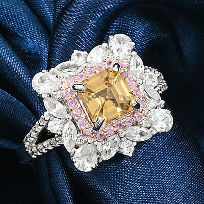 Asscher Cut Premium Tanzania Yellow Zircon and Multi Gemstone 5.30 ctw Art of Bloom Ring in Rhodium Over Sterling Silver (Size 10.0) 
