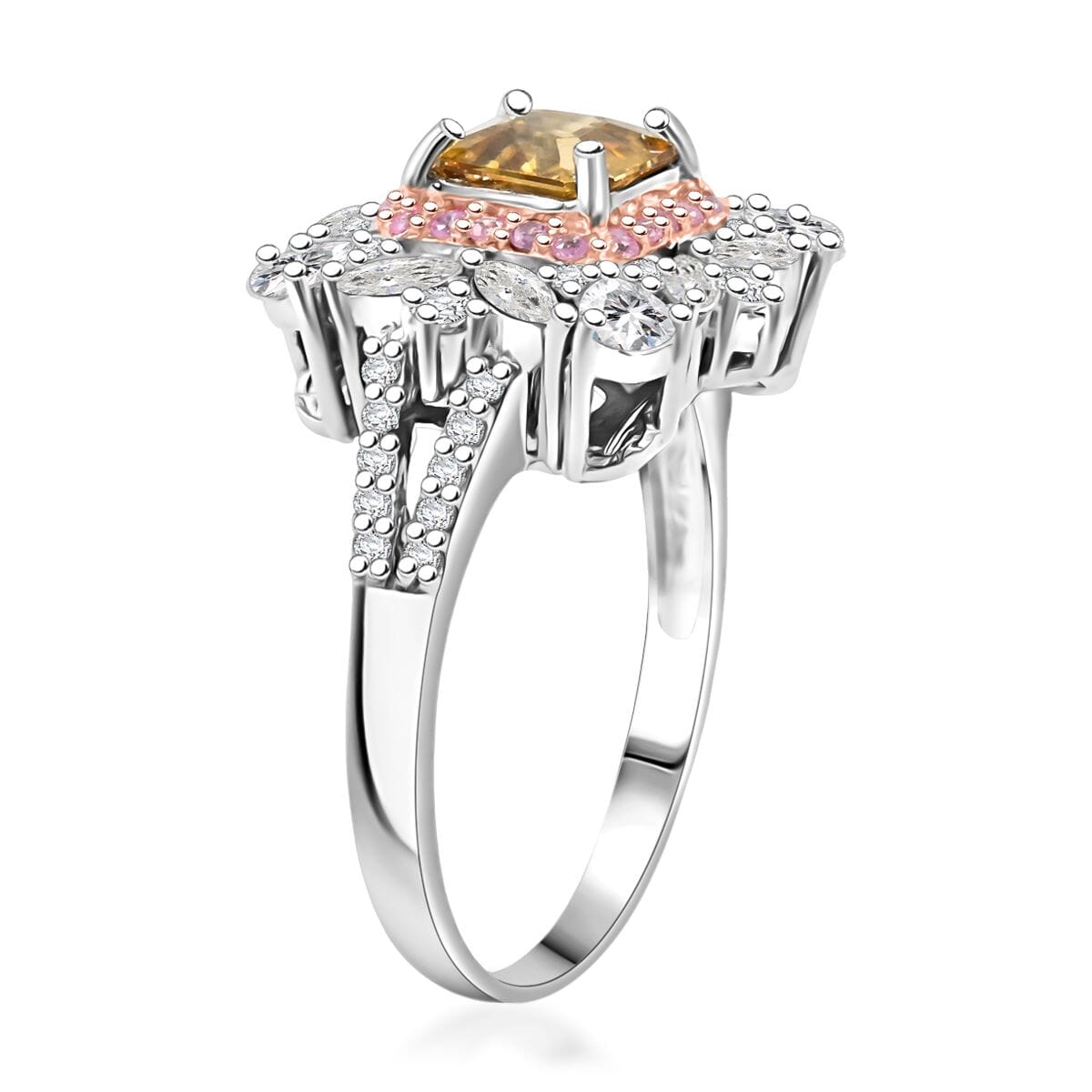 Asscher Cut Premium Tanzania Yellow Zircon and Multi Gemstone 5.30 ctw Art of Bloom Ring in Rhodium Over Sterling Silver (Size 10.0)  image number 3