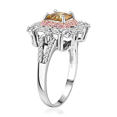 Asscher Cut Premium Tanzania Yellow Zircon and Multi Gemstone 5.30 ctw Art of Bloom Ring in Rhodium Over Sterling Silver (Size 10.0) 