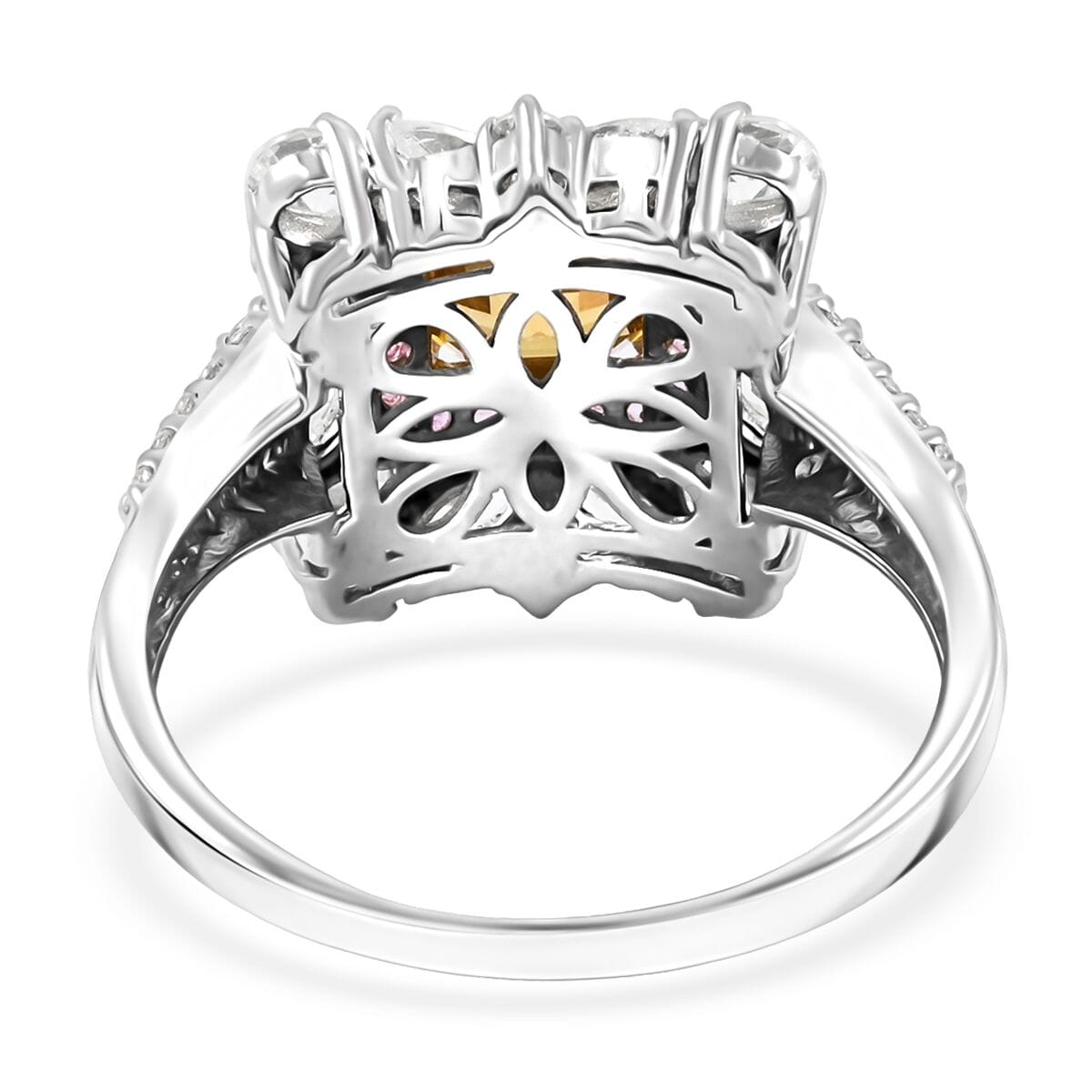 Asscher Cut Premium Tanzania Yellow Zircon and Multi Gemstone 5.30 ctw Art of Bloom Ring in Rhodium Over Sterling Silver (Size 10.0)  image number 4