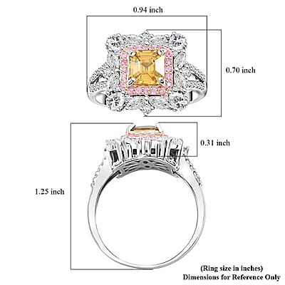Asscher Cut Premium Tanzania Yellow Zircon and Multi Gemstone 5.30 ctw Art of Bloom Ring in Rhodium Over Sterling Silver (Size 10.0) 