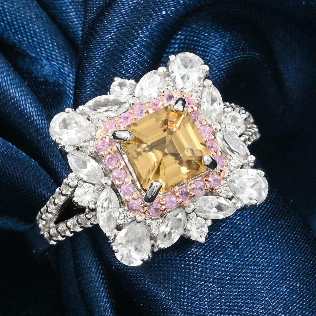 Asscher Cut Premium Tanzania Yellow Zircon and Multi Gemstone 5.30 ctw Art of Bloom Ring in Rhodium Over Sterling Silver (Size 6.0)  image number 1