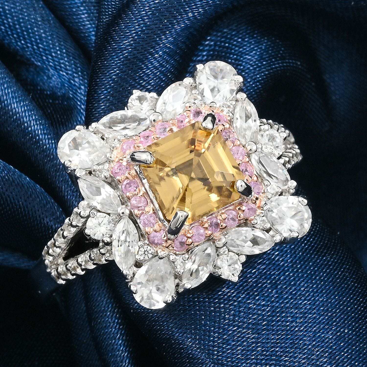 Asscher Cut Premium Tanzania Yellow Zircon and Multi Gemstone 5.30 ctw Art of Bloom Ring in Rhodium Over Sterling Silver (Size 10.0)