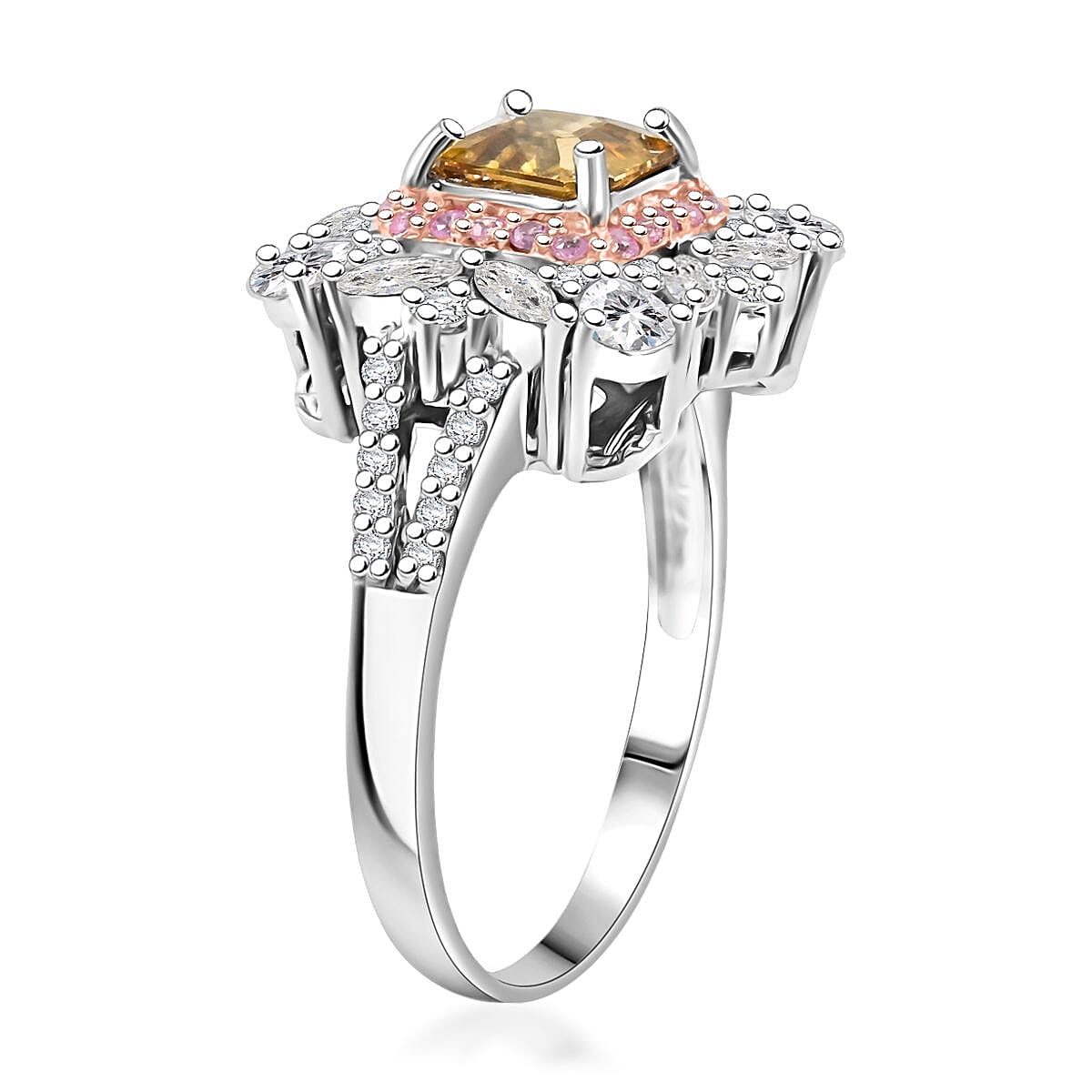 Asscher Cut Premium Tanzania Yellow Zircon and Multi Gemstone 5.30 ctw Art of Bloom Ring in Rhodium Over Sterling Silver (Size 9.0)  image number 3