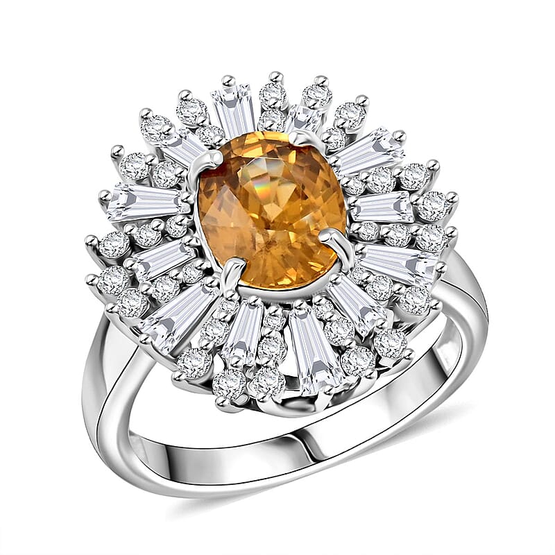 D'Joy Premium Tanzania Yellow Zircon and White Zircon 4.40 ctw Frosted Majesty Ring in Rhodium Over Sterling Silver (Size 10.0)