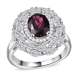 Orissa Rhodolite Garnet and White Zircon 4.75 ctw Floral Ring in Rhodium Over Sterling Silver (Size 10.0)