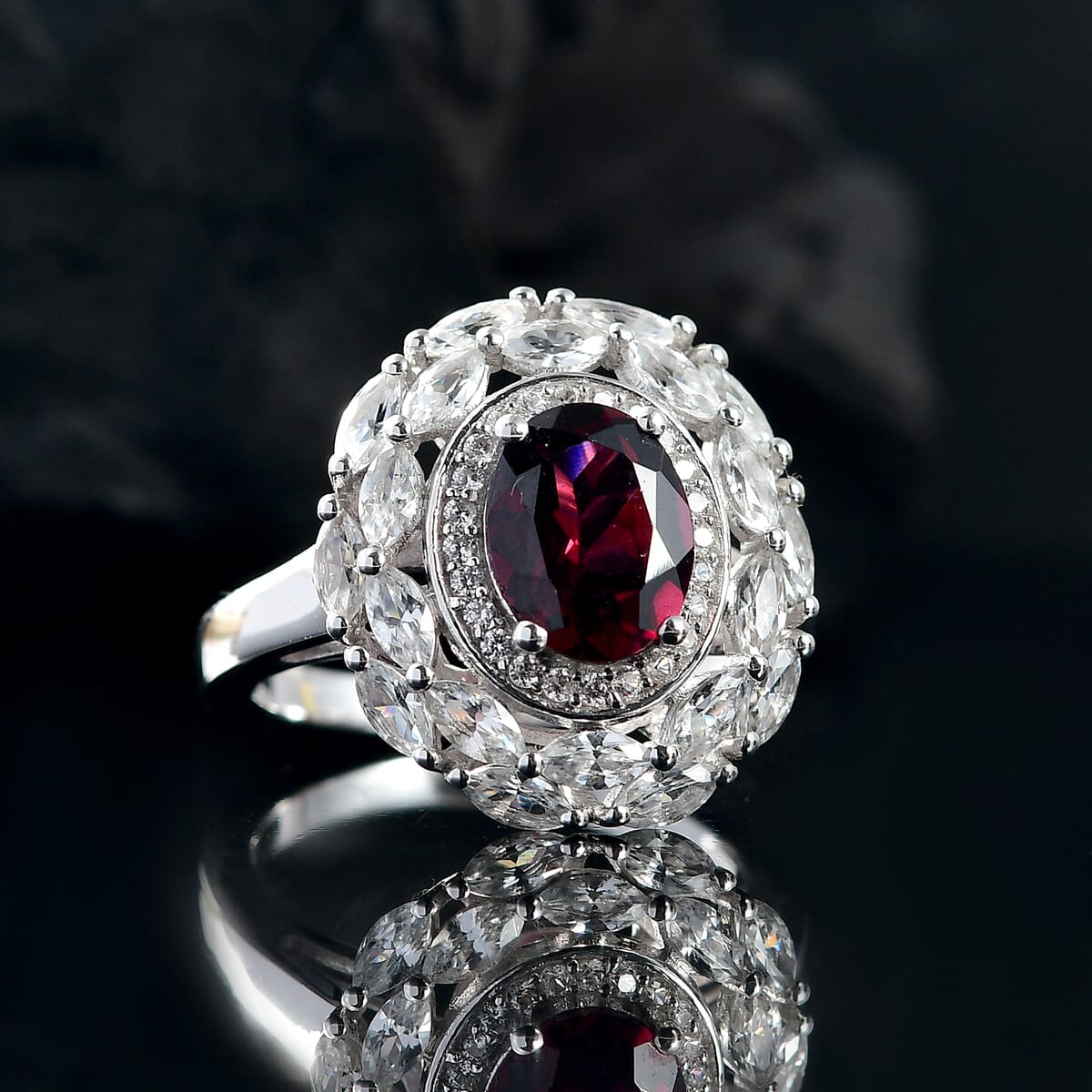 Orissa Rhodolite Garnet, White Zircon Ring in Rhodium Over Sterling Silver (Size 10.0) 4.75 ctw image number 1