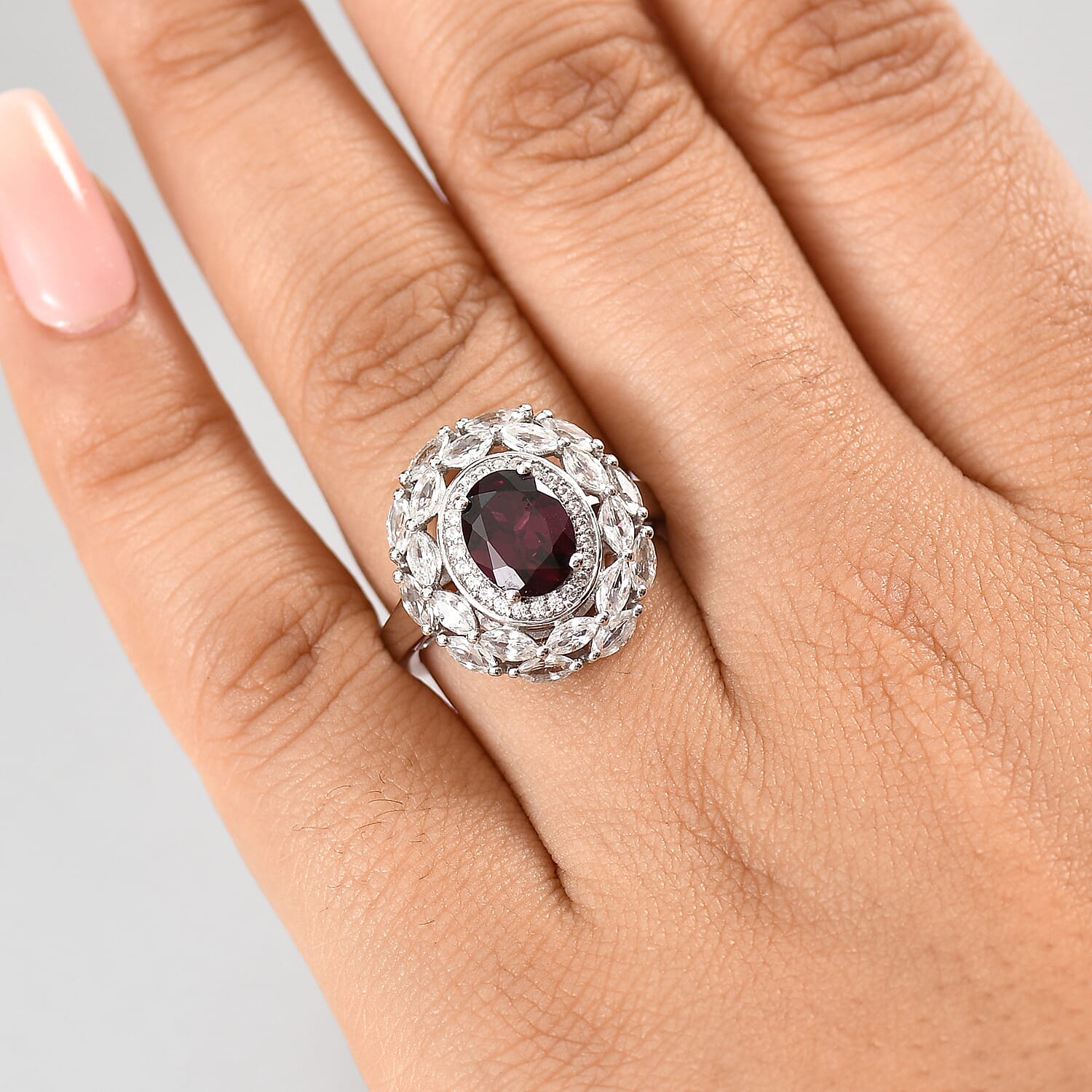 D'Joy Orissa Rhodolite Garnet and White Zircon 4.75 ctw Floral Ring in Rhodium Over Sterling Silver (Size 10.0)