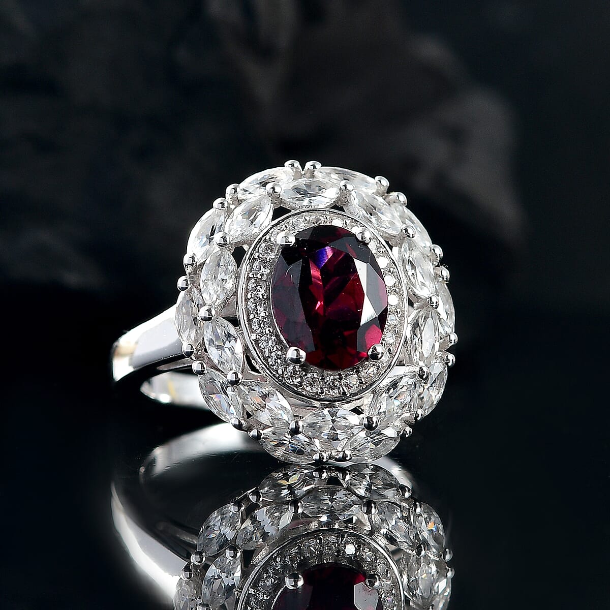 D'Joy Orissa Rhodolite Garnet and White Zircon 4.75 ctw Floral Ring in Rhodium Over Sterling Silver (Size 5.0) image number 1