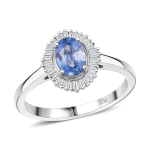 Luxoro Premium Ceylon Blue Sapphire and G-H I2 Diamond 1.10 ctw Crownwave Ring in 10K White Gold (Size 10.0)