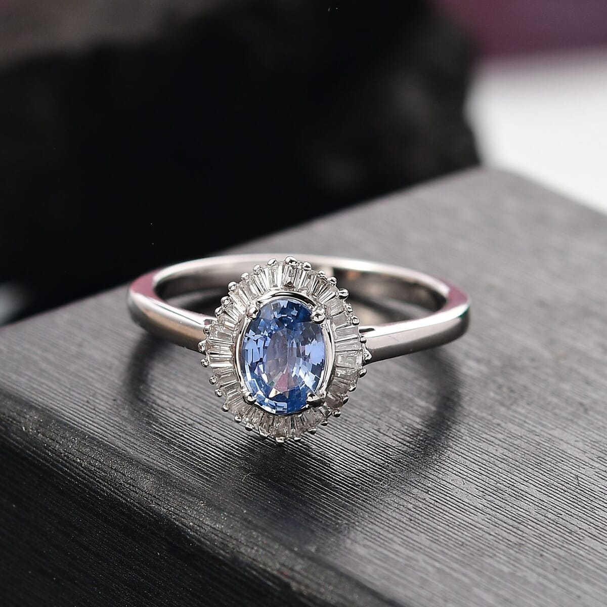 Luxoro Premium Ceylon Blue Sapphire and G-H I2 Diamond 1.10 ctw Crownwave Ring in 10K White Gold (Size 10.0) image number 1