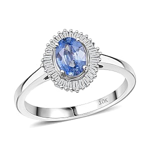 Luxoro Premium Ceylon Blue Sapphire and G-H I2 Diamond 1.10 ctw Crownwave Ring in 10K White Gold (Size 9.0)