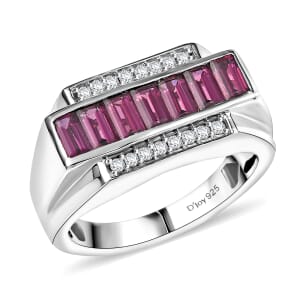 D'Joy Orissa Rhodolite Garnet and White Zircon 2.00 ctw Modern Majesty Men's Ring in Rhodium Over Sterling Silver (Size 10.0)