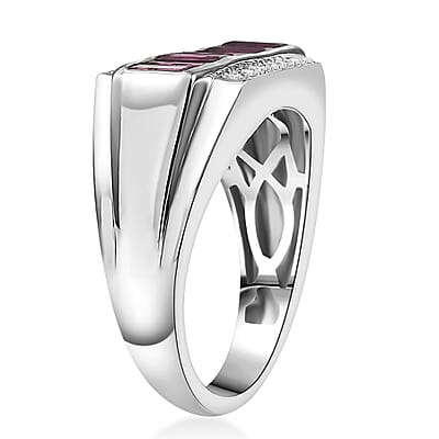 D'Joy Orissa Rhodolite Garnet and White Zircon 2.00 ctw Modern Majesty Men's Ring in Rhodium Over Sterling Silver (Size 10.0)