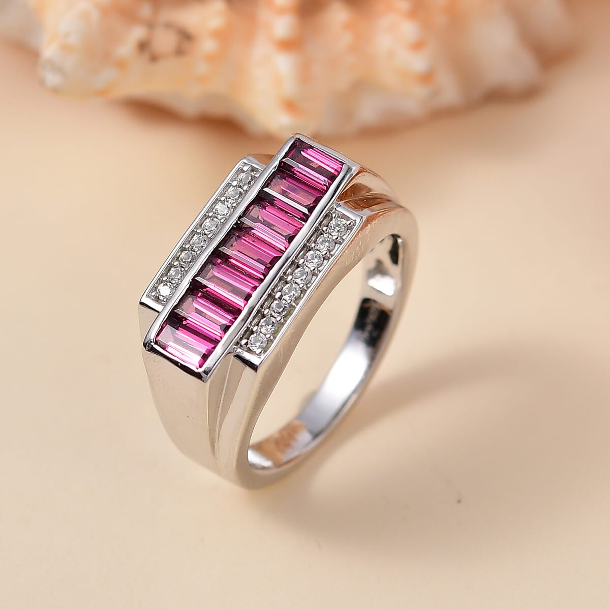 D'Joy Orissa Rhodolite Garnet and White Zircon 2.00 ctw Modern Majesty Men's Ring in Rhodium Over Sterling Silver (Size 12.0) image number 1