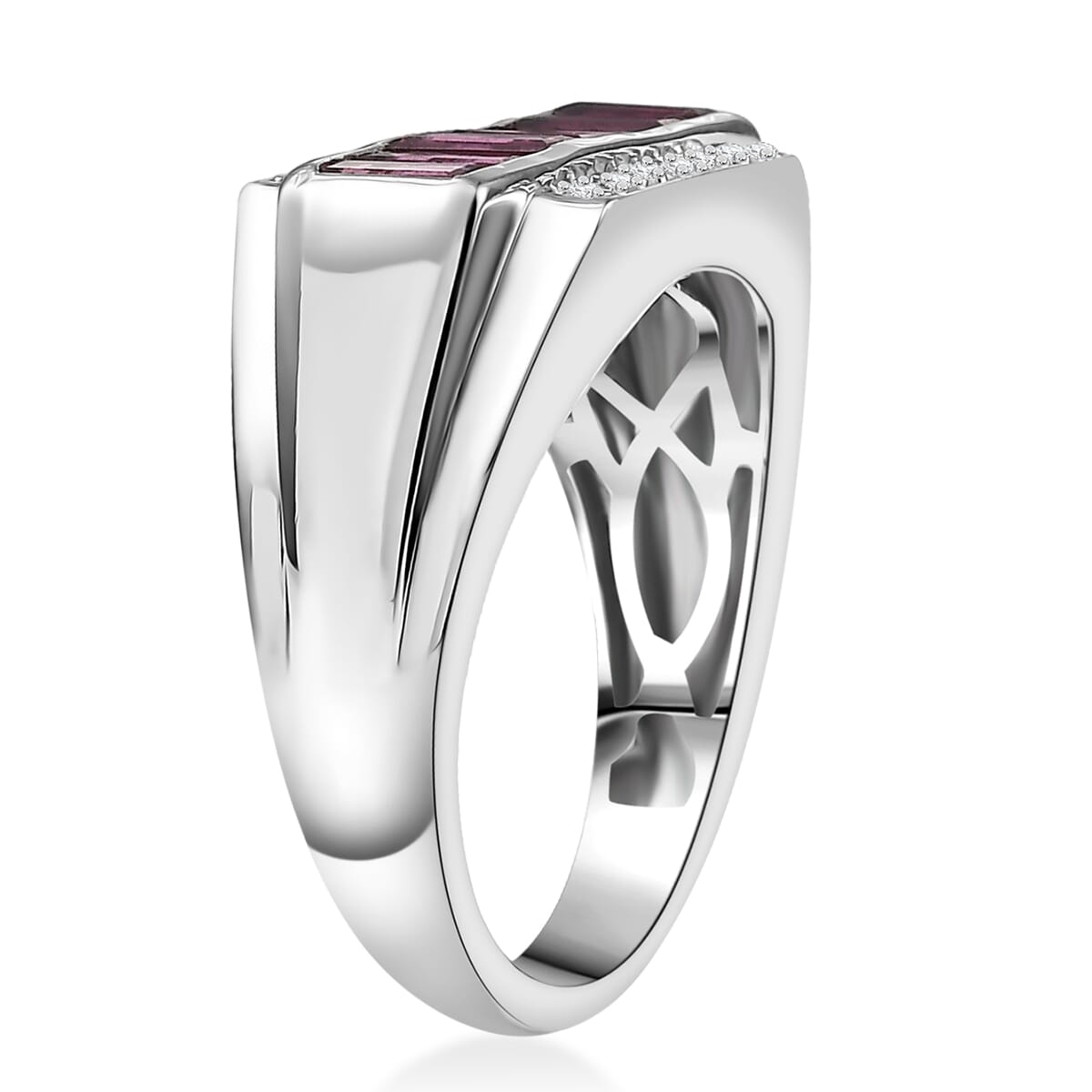 D'Joy Orissa Rhodolite Garnet and White Zircon 2.00 ctw Modern Majesty Men's Ring in Rhodium Over Sterling Silver (Size 12.0) image number 3