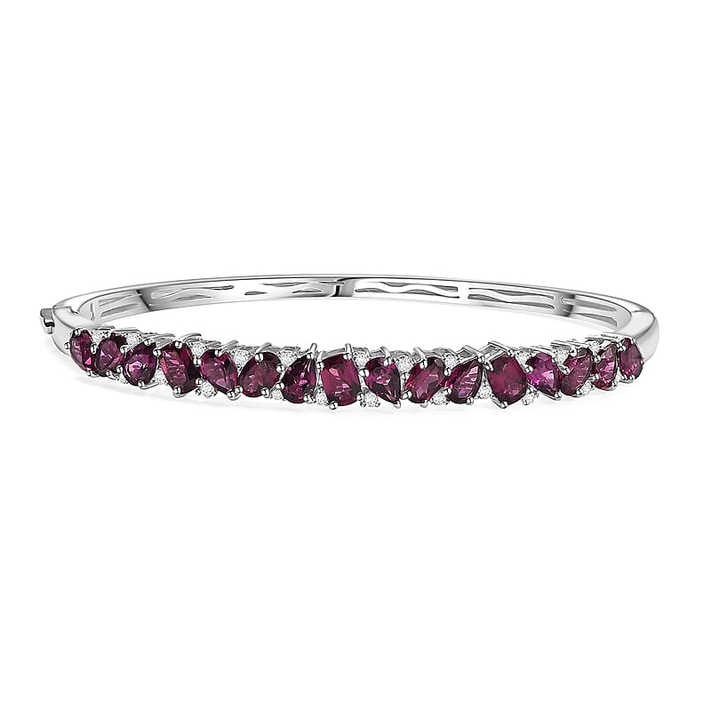 D'Joy Orissa Rhodolite Garnet and White Zircon 9.00 ctw Leaves Vines Bangle Bracelet in Rhodium Over Sterling Silver (6.50 In)