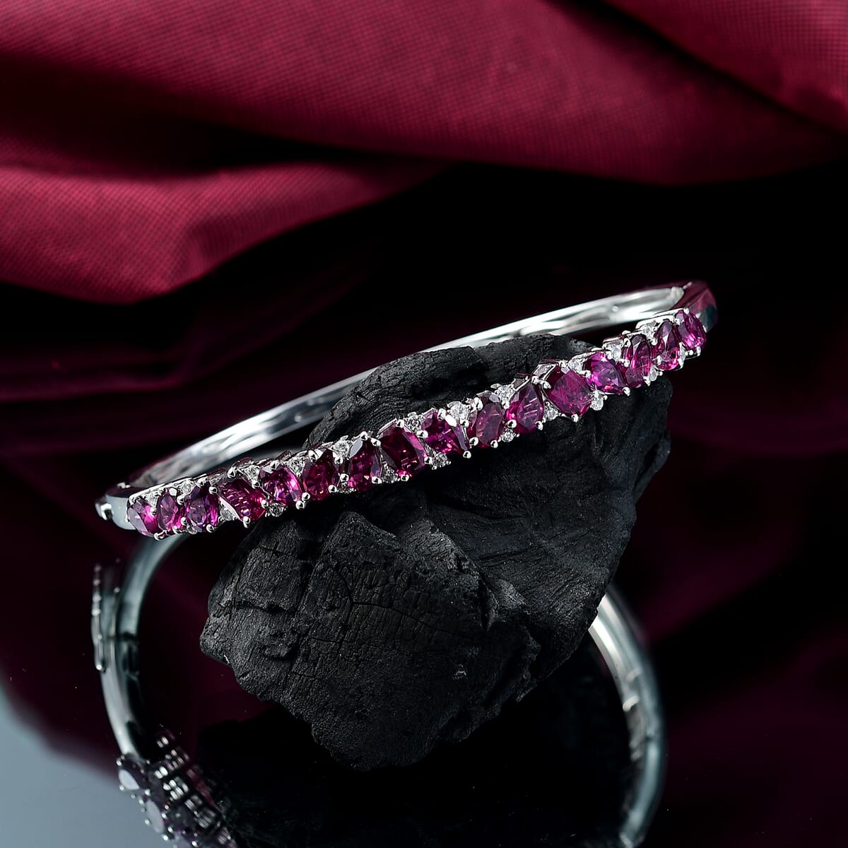 D'Joy Orissa Rhodolite Garnet and White Zircon 9.00 ctw Leaves Vines Bangle Bracelet in Rhodium Over Sterling Silver (7.25 In) image number 1