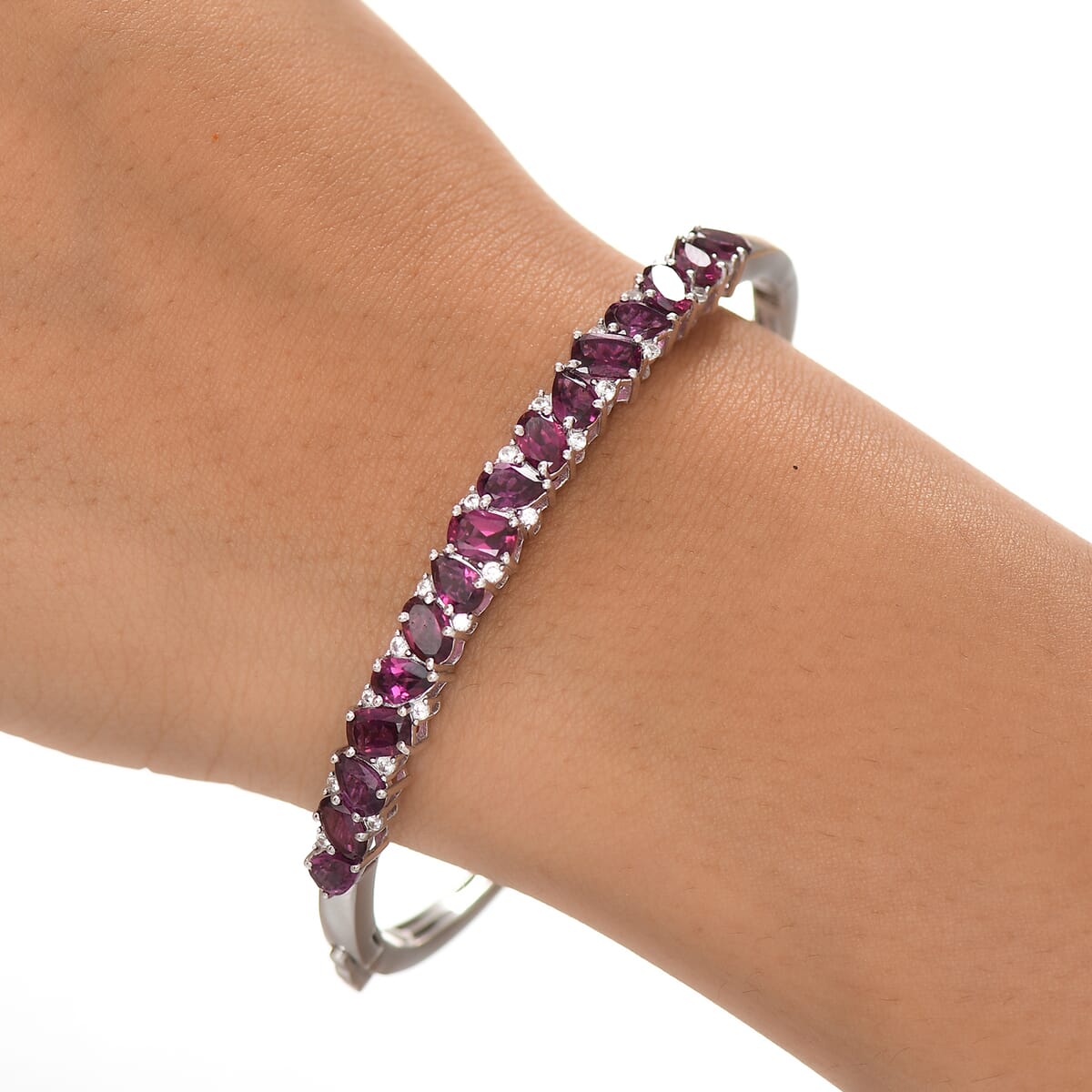 D'Joy Orissa Rhodolite Garnet and White Zircon 9.00 ctw Leaves Vines Bangle Bracelet in Rhodium Over Sterling Silver (7.25 In) image number 2