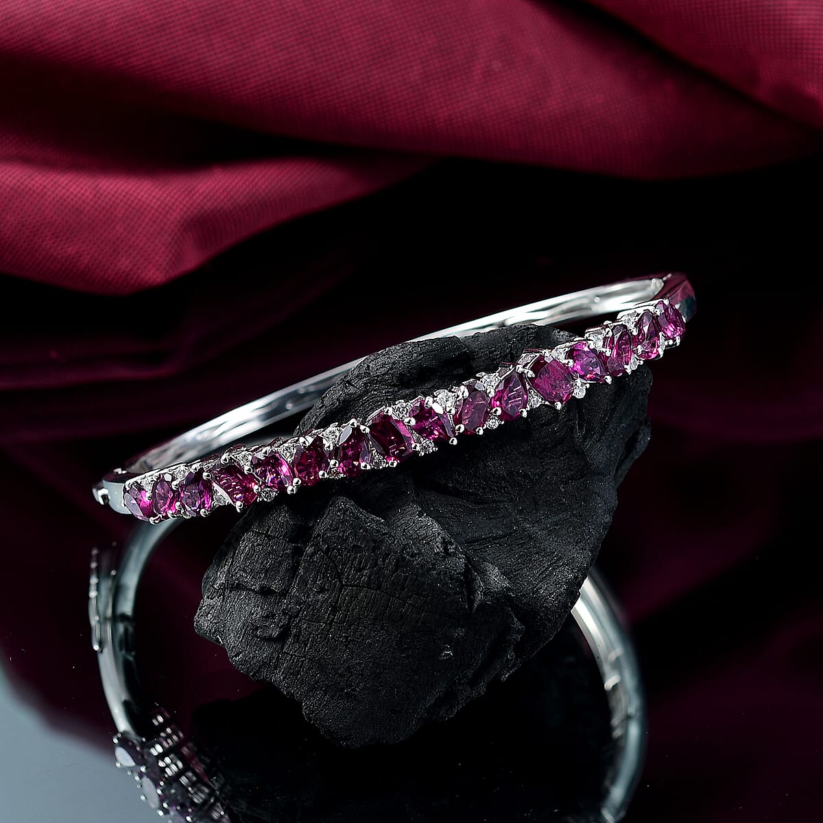D'Joy Orissa Rhodolite Garnet and White Zircon 9.00 ctw Leaves Vines Bangle Bracelet in Rhodium Over Sterling Silver (8.00 In) image number 1