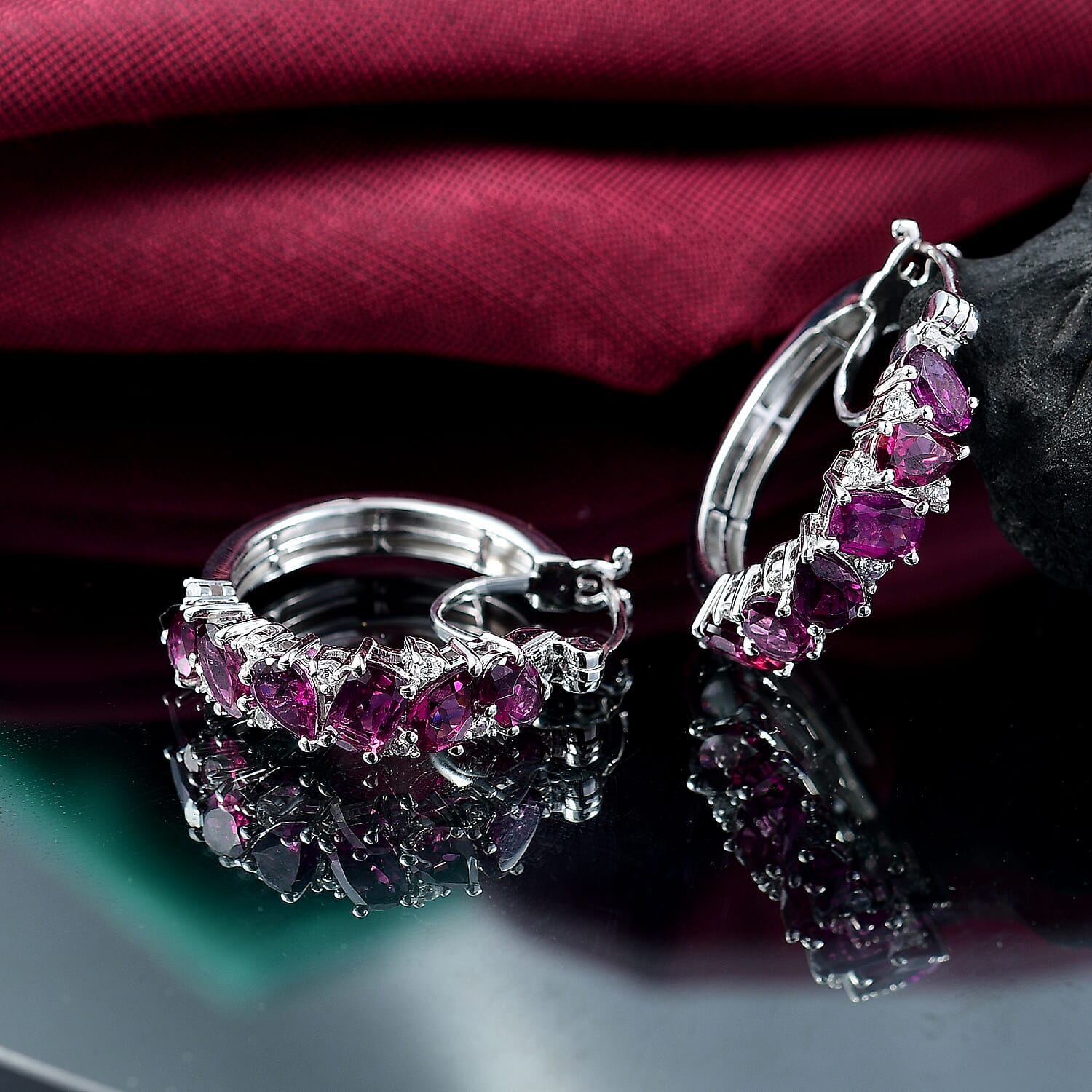 D'Joy Orissa Rhodolite Garnet and White Zircon 6.50 ctw Leaves Vines Earrings in Rhodium Over Sterling Silver