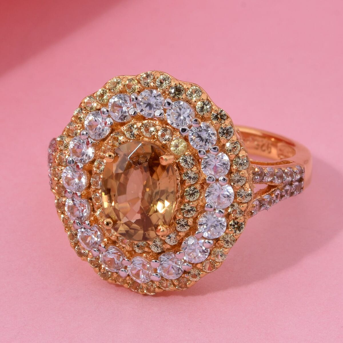D'Joy Premium Tanzania Yellow Zircon and Multi Gemstone 4.50 ctw Golden Aura Halo Ring in 18K Vermeil Yellow Gold Over Sterling Silver (Size 10.0)  image number 1
