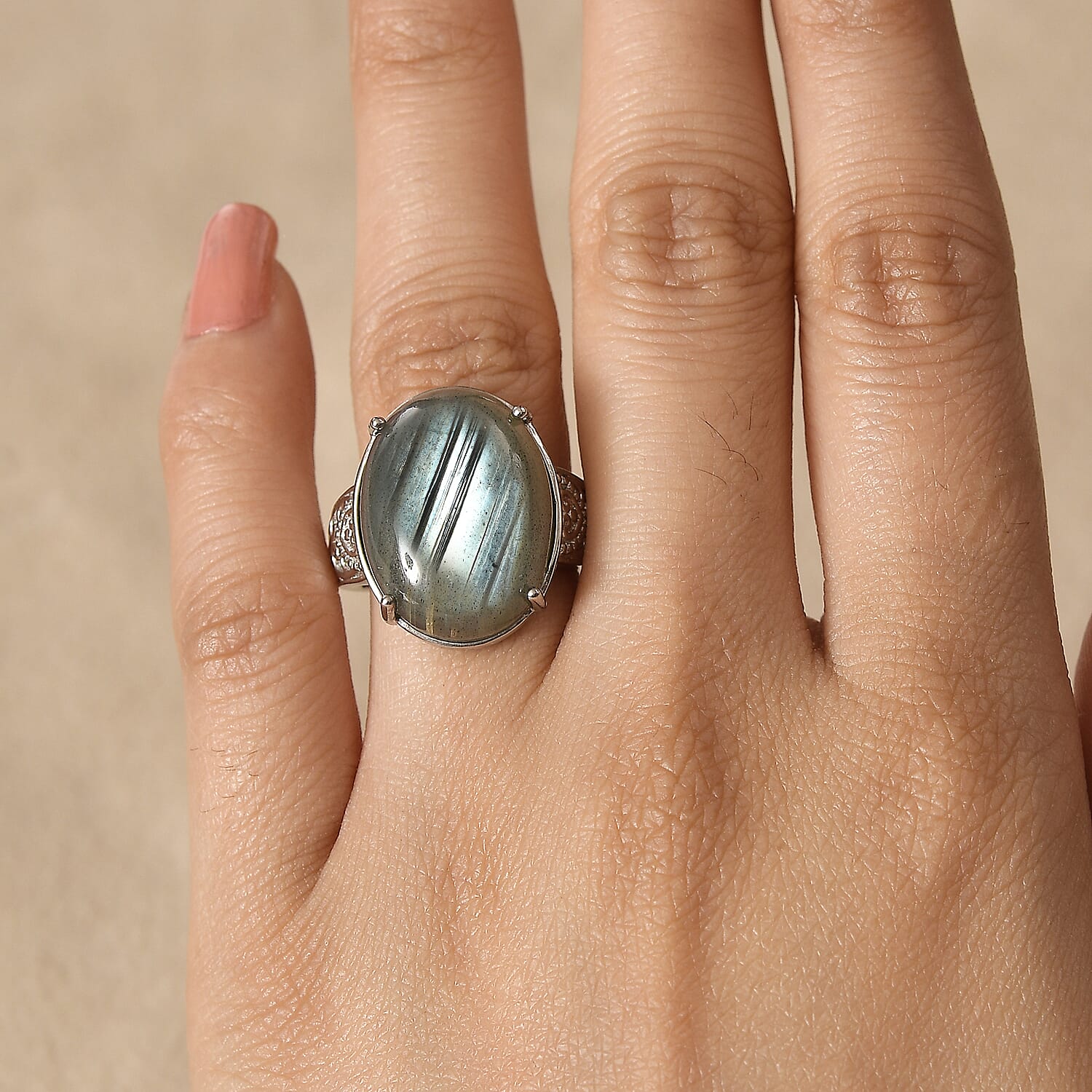 Madagascar Fire Labradorite 18.10 ctw Ring in Stainless Steel (Size 10.0)