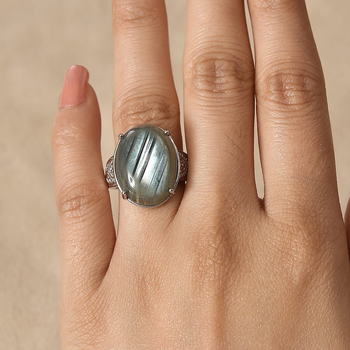 Madagascar Fire Labradorite 18.10 ctw Ring in Stainless Steel (Size 9.0) image number 1