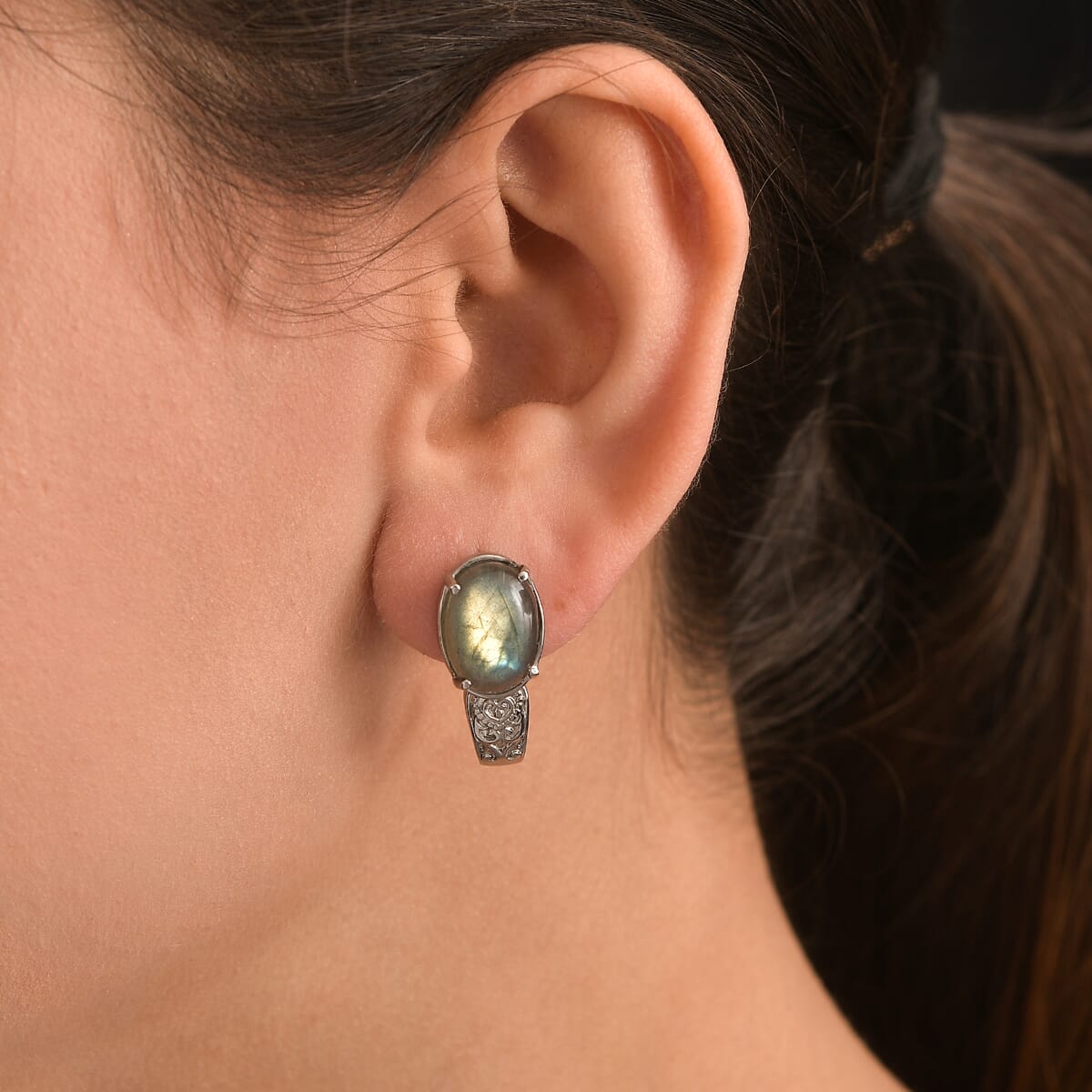 Madagascar Fire Labradorite 14.15 ctw Solitaire Stud Earrings in Stainless Steel image number 2