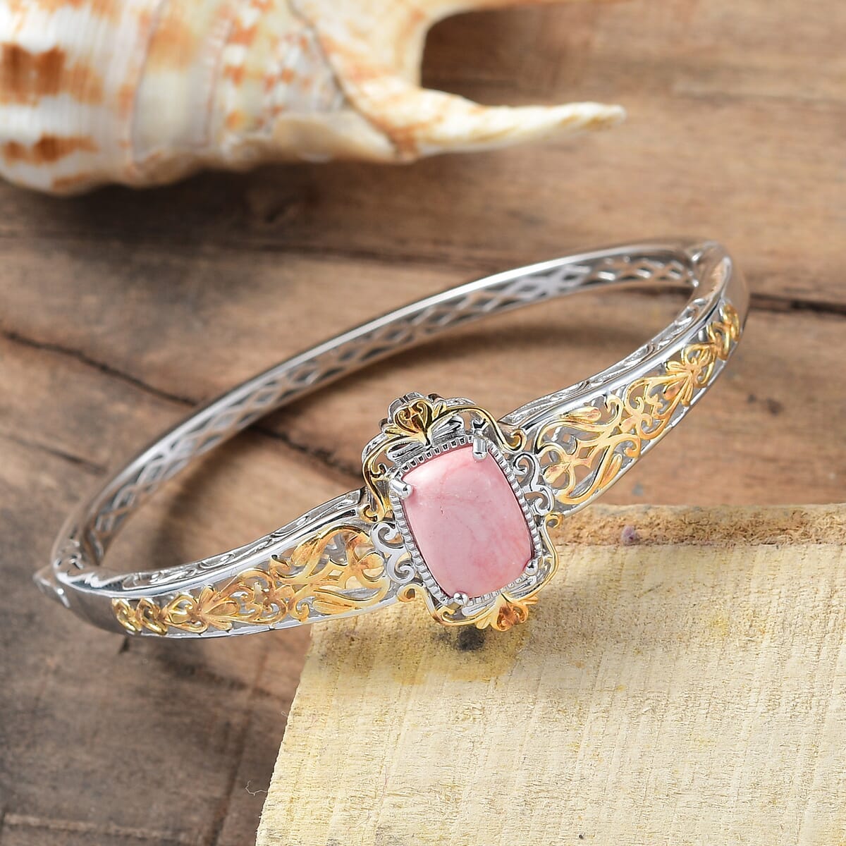 Karis Premium Oregon Peach Opal 4.50 ctw Bangle Bracelet in 18K YG Plated and Platinum Bond (7.25 In) image number 1