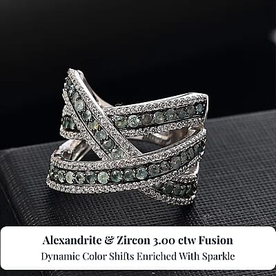 D'Joy Narsipatnam Alexandrite and White Zircon 3.00 ctw Crossover Bridge Ring in Rhodium Over Sterling Silver (Size 10.0)