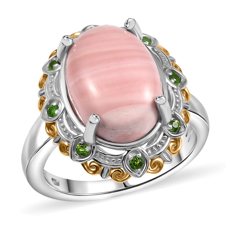 Karis Oregon Peach Opal and Chrome Diopside 4.20 ctw Floral Ring in 18K YG Plated and Platinum Bond (Size 10.0)