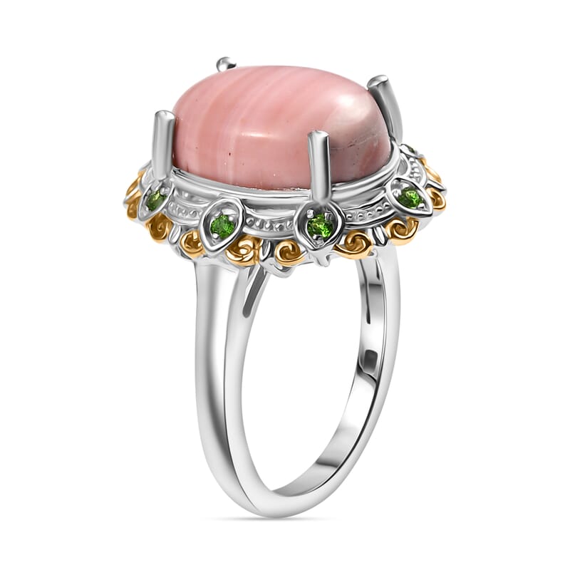 Karis Oregon Peach Opal and Chrome Diopside 4.20 ctw Floral Ring in 18K YG Plated and Platinum Bond (Size 10.0)