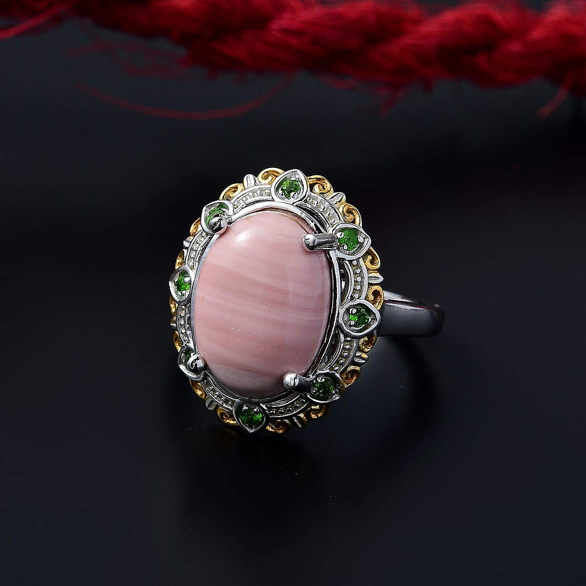 Karis Oregon Peach Opal and Chrome Diopside 4.20 ctw Floral Ring in 18K YG Plated and Platinum Bond (Size 6.0) image number 1