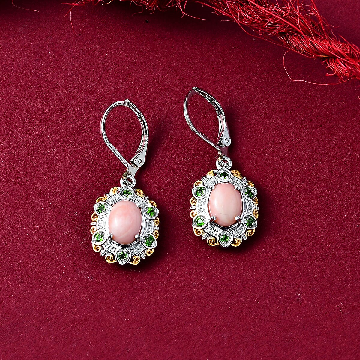 Karis Oregon Peach Opal and Chrome Diopside 2.00 ctw Floral Earrings In 18K YG Plated and Platinum Bond image number 1