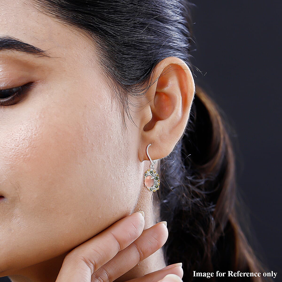 Karis Oregon Peach Opal and Chrome Diopside 2.00 ctw Floral Earrings In 18K YG Plated and Platinum Bond image number 2