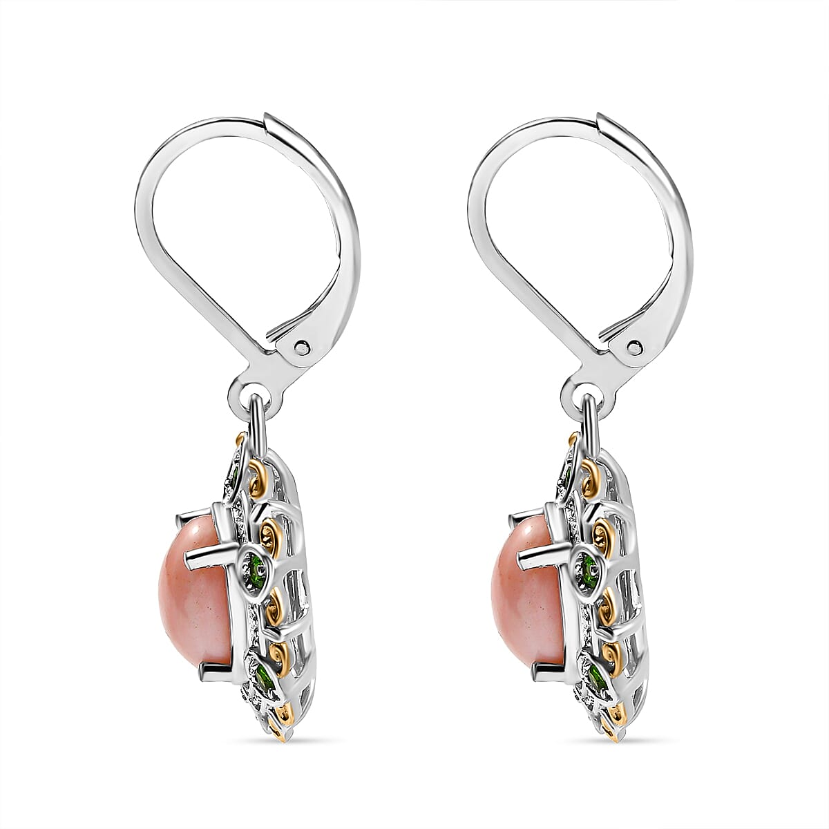 Karis Oregon Peach Opal and Chrome Diopside 2.00 ctw Floral Earrings In 18K YG Plated and Platinum Bond image number 3
