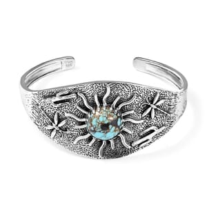 D'Joy Artisan Crafted Blue Moon Turquoise 8.25 ctw Cactus, Dragonfly and Sunflower Cuff Bracelet in Black Oxidized Sterling Silver (7.25 In)