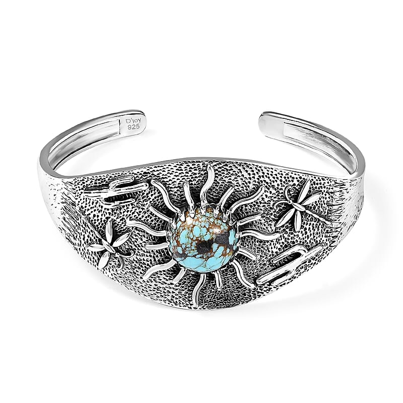 D'Joy Artisan Crafted Blue Moon Turquoise 8.25 ctw Cactus, Dragonfly and Sunflower Cuff Bracelet in Black Oxidized Sterling Silver (7.25 In)