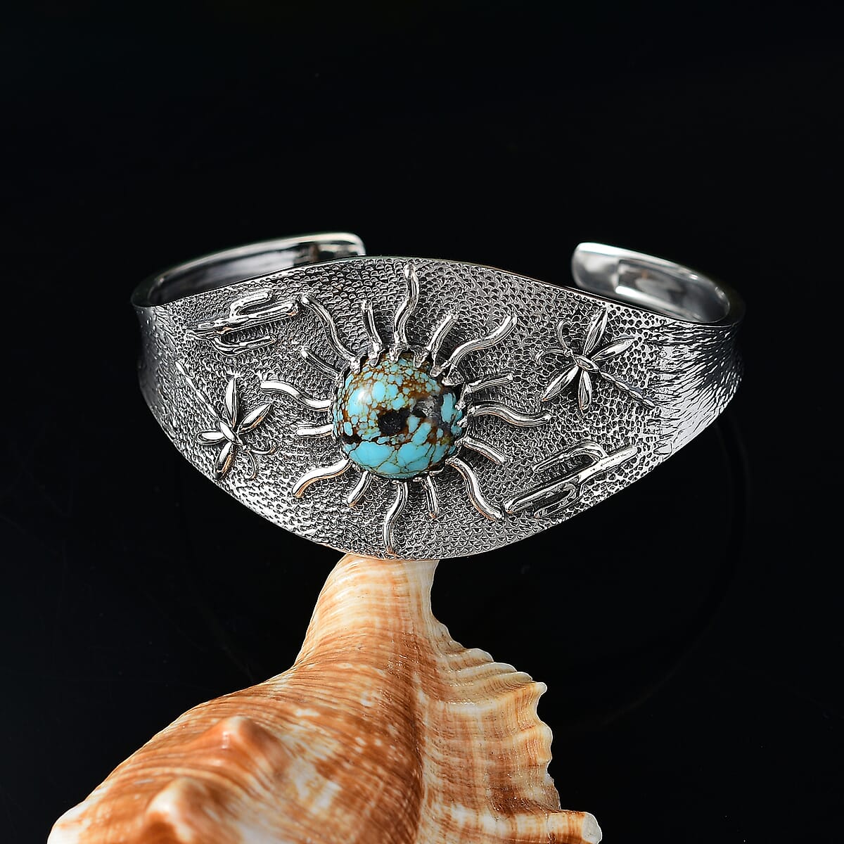 D'Joy Artisan Crafted Blue Moon Turquoise 8.25 ctw Cactus, Dragonfly and Sunflower Cuff Bracelet in Black Oxidized Sterling Silver (7.25 In) image number 1