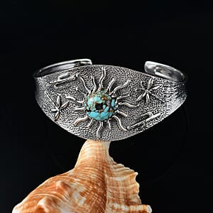 D'Joy Artisan Crafted Blue Moon Turquoise 8.25 ctw Cactus, Dragonfly and Sunflower Cuff Bracelet in Black Oxidized Sterling Silver (7.25 In)