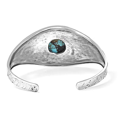 D'Joy Artisan Crafted Blue Moon Turquoise 8.25 ctw Cactus, Dragonfly and Sunflower Cuff Bracelet in Black Oxidized Sterling Silver (7.25 In)