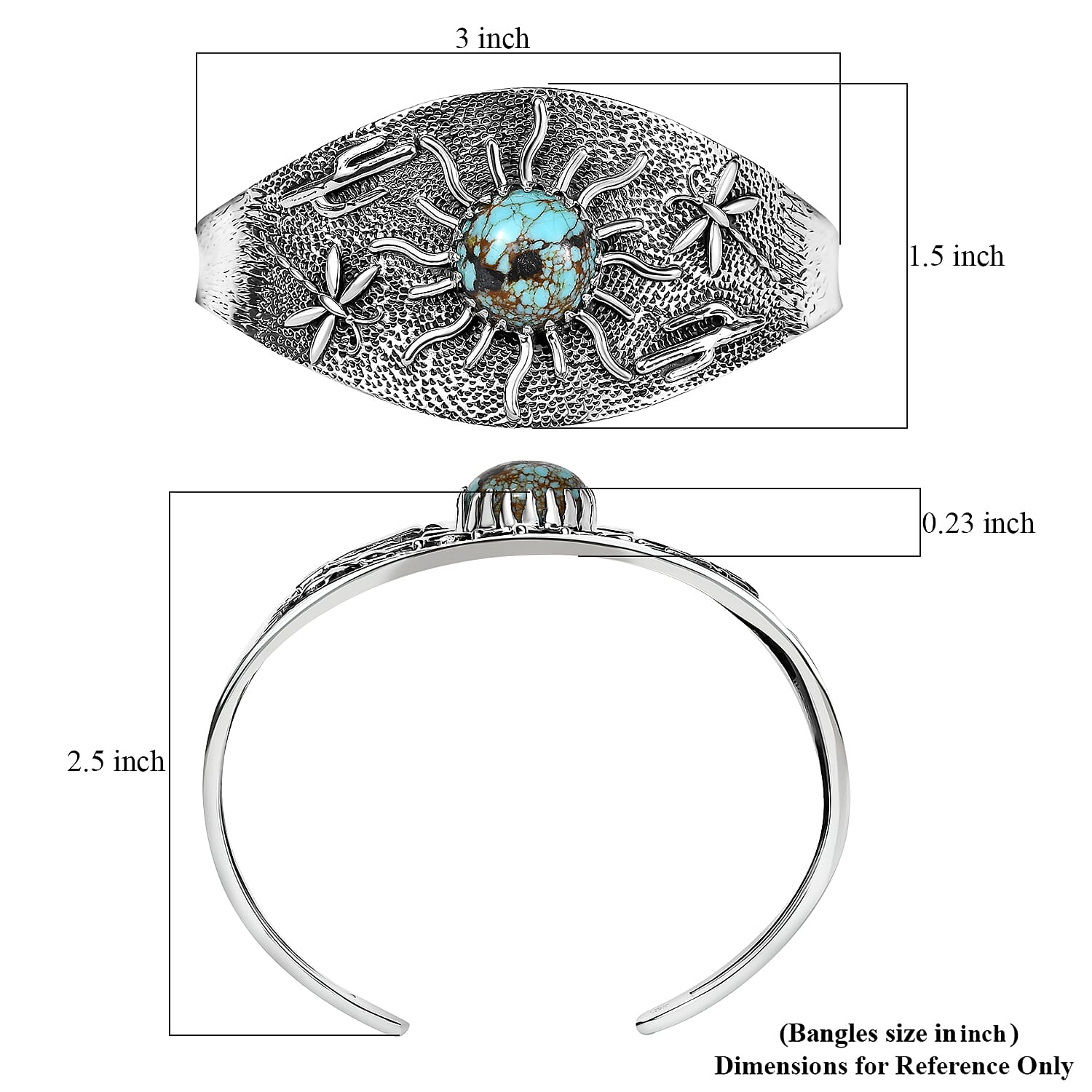 D'Joy Artisan Crafted Blue Moon Turquoise 8.25 ctw Cactus, Dragonfly and Sunflower Cuff Bracelet in Black Oxidized Sterling Silver (7.25 In)