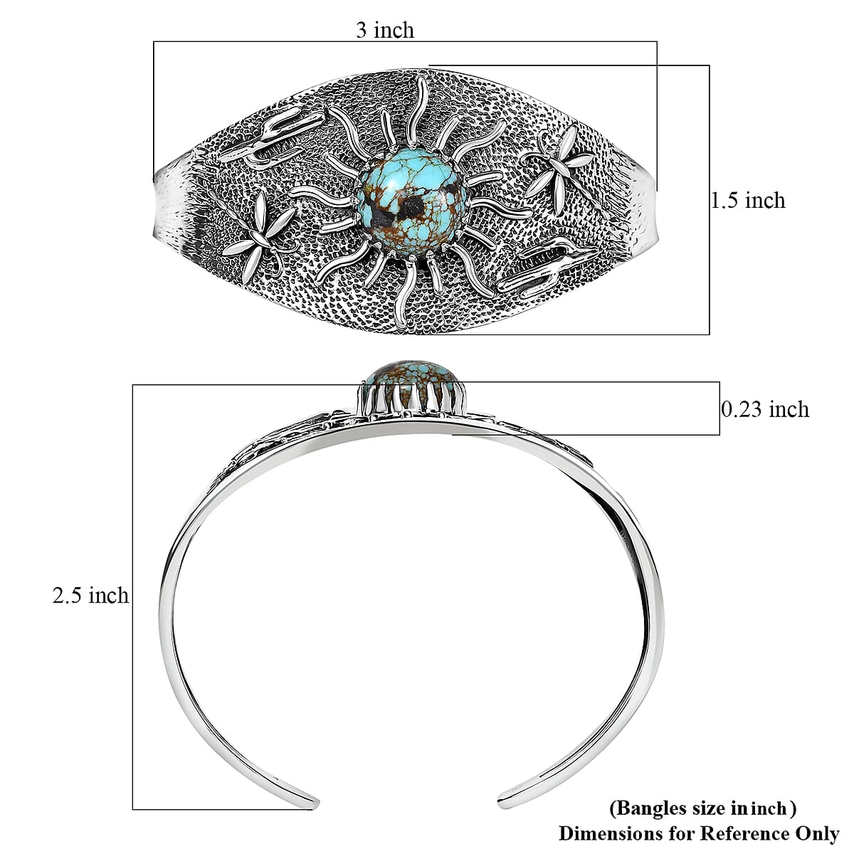 D'Joy Artisan Crafted Blue Moon Turquoise 8.25 ctw Cactus, Dragonfly and Sunflower Cuff Bracelet in Black Oxidized Sterling Silver (7.25 In) image number 5