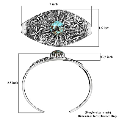 D'Joy Artisan Crafted Blue Moon Turquoise 8.25 ctw Cactus, Dragonfly and Sunflower Cuff Bracelet in Black Oxidized Sterling Silver (7.25 In)