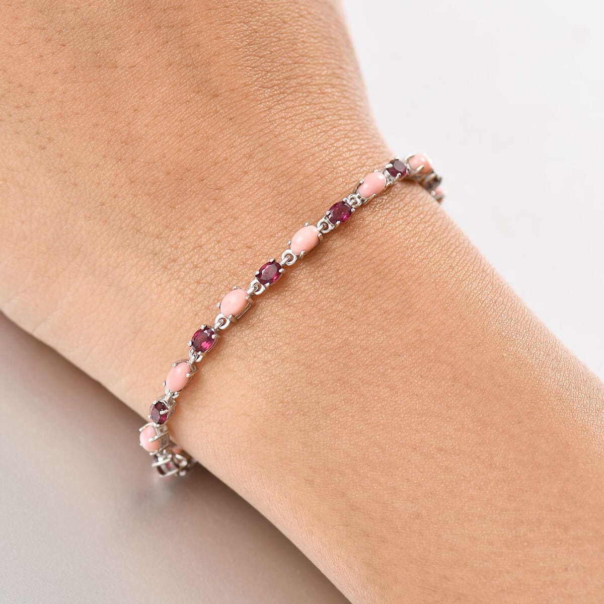 Karis Oregon Peach Opal and Orissa Rhodolite Garnet 6.20 ctw Bracelet in Platinum Bon (7.25 In) image number 2