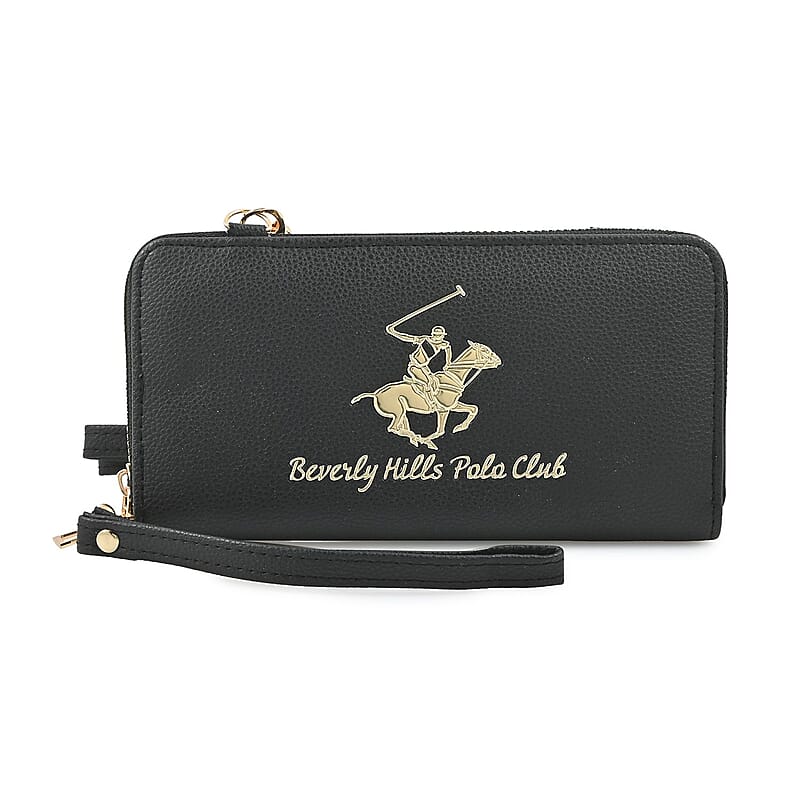 Beverly Hills Polo Club Black Vegan Leather Wristlet Wallet or Crossbody Bag