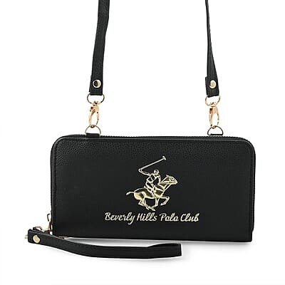Beverly Hills Polo Club Black Vegan Leather Wristlet Wallet or Crossbody Bag